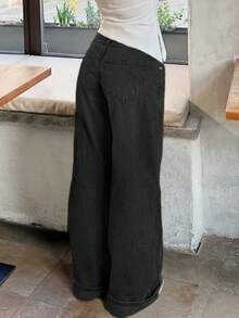 MYOURSA Low Rise Baggy Wide Leg Jeans Streetwear Casual Washed Vinatge Outfits - Black - View 4