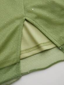 Robe mini à col carré, unie et pailletée, avec nœud