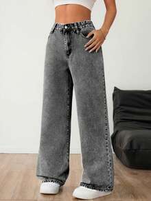 Light Grey Washed Wide Leg Jeans - Grey - View 6