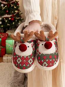 Pantuflas de felpa cálidas con puntera redonda con diseño de reno de Navidad, pantuflas interiores lindas con renos, regalo de Navidad versátil y de moda