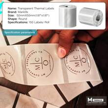 Makrlife 透明热敏标签，50x50mm，1.97 X 1.97 英寸，小型标签打印纸，可打印透明贴纸，适用于小型企业、家庭、婚礼、蜡烛、信封、瓶子、罐子、DIY 徽标设计、多用途防水标签卷，150 个标签/卷 - 彩色 - 查看 6
