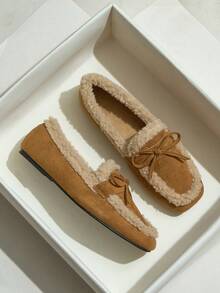 女士时尚复古绒面革毛绒保暖一脚蹬乐福鞋，棕色方头百搭舒适蝴蝶结平底鞋，2025 年秋冬新品 - 棕色 - 查看 4