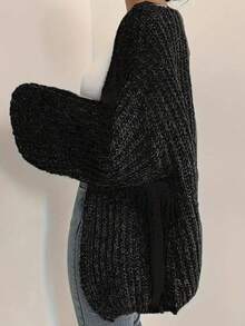 大码女式休闲宽松针织开衫毛衣，优雅纯色大码开襟长袖毛衣外套，适合日常穿着，秋冬黑色 - 黑色 - 查看 6