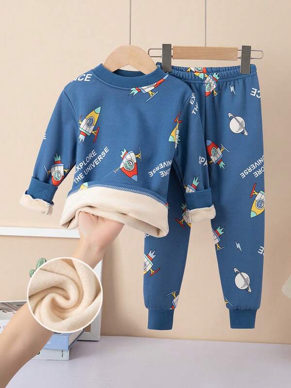 2pcs/Set Young Boy Thick Thermal Lined Thermal Underwear Set, Blue Rocket Cartoon Print Pajamas, Warm Home Clothes For Autumn/Winter