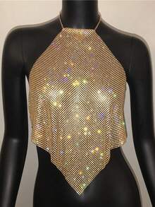 Women's Metallic Chain Rhinestone Necklace Strap, Shiny And Suitable For Music Festivals, Carnivals, Parties For Rave