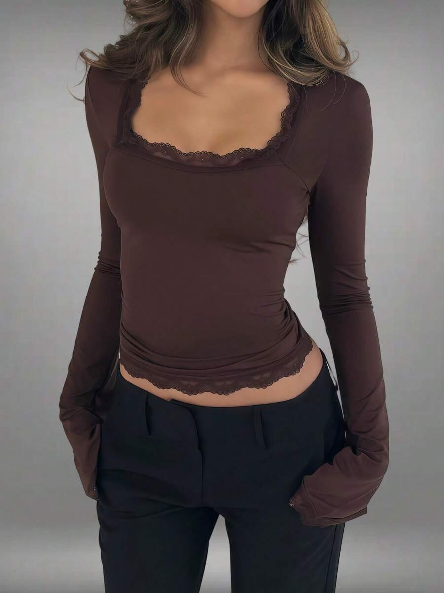 Women's Y2K Lace Trim Blouses Long Sleeve Square Neck Slim Fit Party T-Shirt Summer Casual Going Out Crop Tops Streetwear - 棕色 - 查看 1