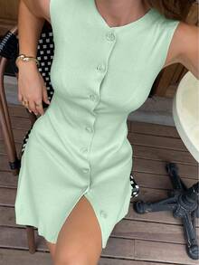 FOR BEAUTY Spring/Summer New Women's Pullover Dress, Minimalist Casual Vacation Style, Solid Color Cardigan Dress, Academic Graduation Dress, Essential For New Year - Mint Green - View 2