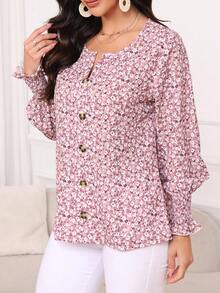 Autumn And Winter Women's Button Up Shirt With Cuffs Wrapped And Long Sleeves, Small Floral V-Neck Top