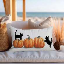 1 pièce Taie d'oreiller d'Halloween 12x20 pouces Décoration de citrouille, chat noir Coussin de taille décoratif d'automne pour canapé, lit Décoration de ferme d'automne Côté unique sans rembourrage - Orange - Voir 5