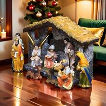 LUMIARTISAN Classic Christmas Scene Set - Resin Christmas Trunk Decoration With Jesus Statue, Perfect Holiday Gift For Home And Office, Nativity Statue Ornament, 12 Piece Christmas Gift Set