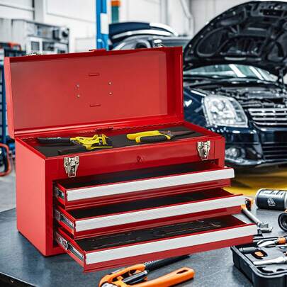 20.5"/8.6" Portable Metal Tool Box With 3 Drawers/5 Drawers Tool Organizer, Black, Red