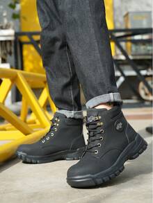 Men's Solid Color Classic High Top Plain Toe Steel Toe & Puncture Proof Safety Boots, Comfy Non Slip Durable Lace Up Work Shoes, Men's Constructional & Industrial Footwear - Black - View 5
