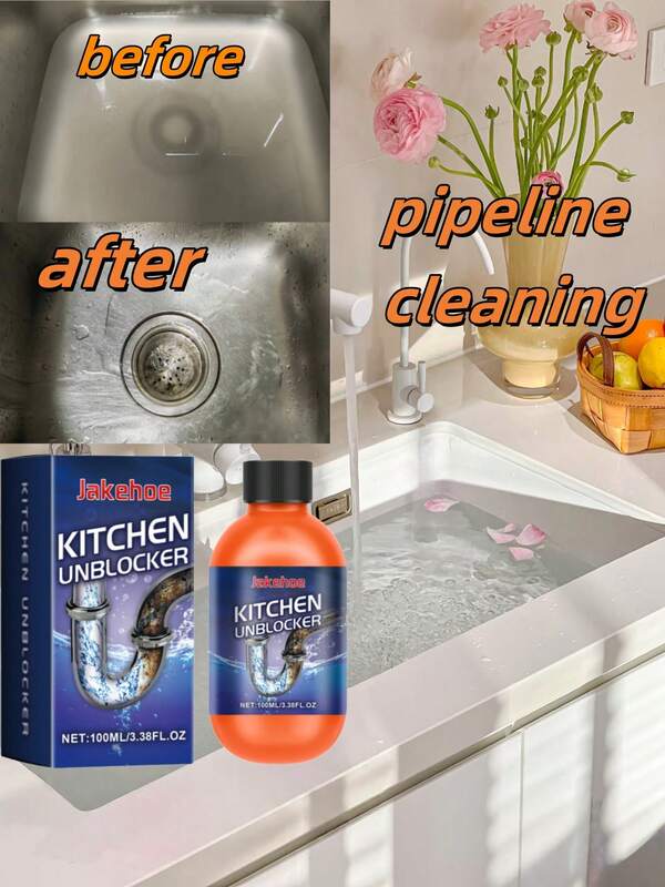 Déboucheur - Débouche les toilettes, les éviers, les tuyaux de cuisine. Il peut dissoudre les ions métalliques, ramollir et éliminer les blocages. Dissout les graisses et les matières organiques, favorisant le drainage. Utilisation : 1. Appuyez sur le bouchon du flacon, tournez dans le sens inverse des aiguilles d'une montre pour ouvrir. 2. Versez une quantité appropriée dans le tuyau. 3. Attendez une heure, puis rincez abondamment le tuyau à l'eau chaude.