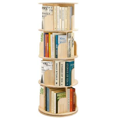 Natural Wood Color Rotating Bookshelf – 3/4/5-Tier Pine Spinning Shelf, Storage Bookshelf With O-Shaped Ball Bearing & Mortise Tenon Screw Assembly