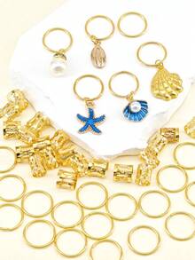 45pcs Summer Ocean Style Star & Shell Hair Scrunchies, Suitable For Braiding, Fashionable Daily Wear, Beach Vacation, Date, Party, Travel - Gold - View 4