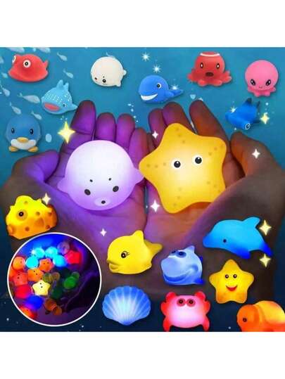 4 Stücke schwimmende leuchtende Tier-Badesets, Kleinkind blinkende bunte LED Meerjungfrau Badewannenspielzeuge, Baby-Shower Zeit schwimmende Gummi Duschgeschenke, durchlöcherte leuchtende Meerestier Bade-Sensorikspielzeuge, Wal schwimmende Spielzeuge geeignet für Säuglinge, Kleinkind Kinder Badewannenspielzeuge für 1-3 Jahre alt (zufällige Farbe & Stil)