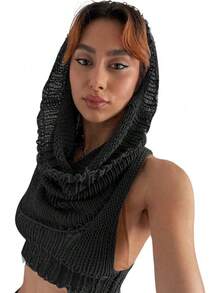 Women Knitted Hoodie Sweater Vest Sleeveless Hollow Out Hooded Crop Top Streetwear Rave Oufit - 黑色 - 查看 1
