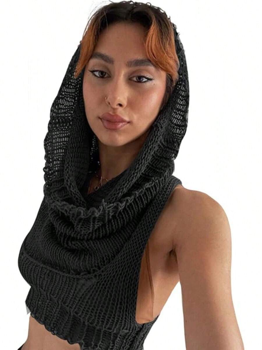 Women Knitted Hoodie Sweater Vest Sleeveless Hollow Out Hooded Crop Top Streetwear Rave Oufit - 黑色 - 查看 1