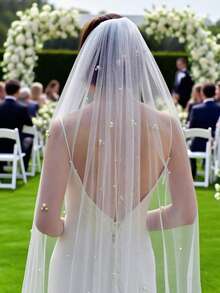 1 pieza Velo de novia estilo catedral con perlas, adecuado para bodas, fotografía, accesorios de fiesta, accesorios de oficina de registro con peine, ropa de otoño para mujeres - V130 - Ver 13