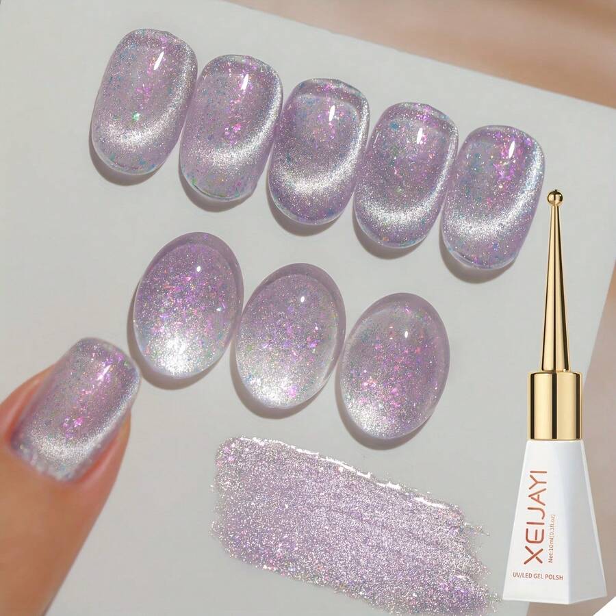 XEIJAYI 1PC 10ml Cat Eye Nail 2025 Holographic Nail Art Reflective Cat's Eye Magnetic Nail Gel Soaking UV LED Gel Salon Female Nail Art Tools Fashion Nail Gel - 紫色 - 查看 1