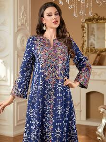 女士穆斯林长袍，伊斯兰迪拜端庄刺绣奢华时尚高贵长袍，阿巴雅长袍，开斋节阿拉伯长裙 - 藏蓝色 - 查看 2