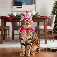 宠物圣诞针织套装、猫咪帽子围脖、小型犬节日照片服装、宠物装扮用品 - 彩色 - 查看 4