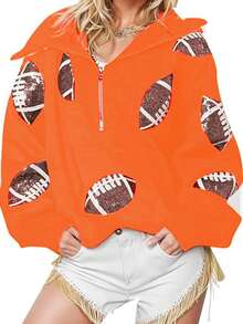 Womens Game Day Sweatshirts Football Sequin Hoodies Tailgate Outfits Long Sleeve Zipper Sweaters With Pocket - 橘色 - 查看 3