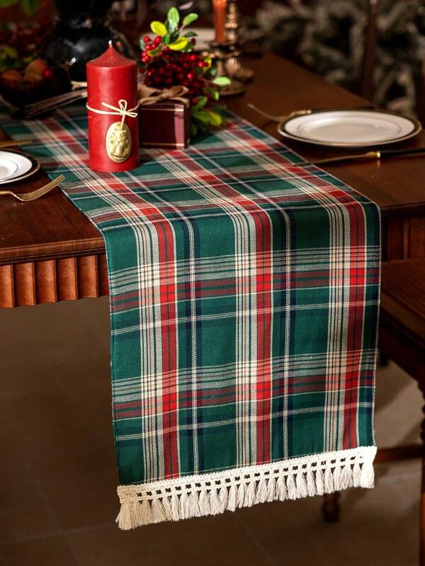 1pc Red & Green Plaid Tassel Trim Christmas Table Runner, Christmas Party Decor Table Runner, Suitable For Winter Christmas Party Home Table Decoration
