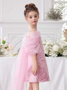 Young Girl Pink Sequin Mesh Cape Elegant Princess Dress, Suitable For Girls' Birthday Party, Banquet, Prom, Wedding Flower Girl Dress, Holiday Celebration - Pink - View 8