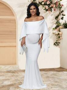JustVH Pregnant Women Off-Shoulder Dress, Elegant Long Mermaid Gown Suitable For Baby Shower Photo Shoot White Spring - White - View 7