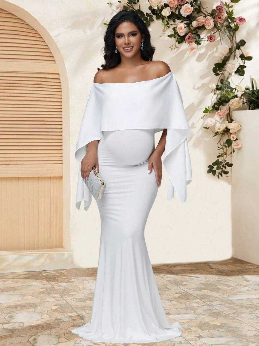 JustVH Pregnant Women Off-Shoulder Dress, Elegant Long Mermaid Gown Suitable For Baby Shower Photo Shoot White Spring Fall - White - View 1