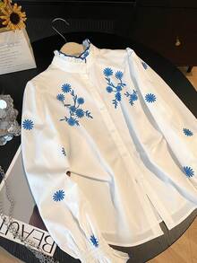 Perceive Floral Print Frill Collar Long Sleeve Women Shirt, Business Casual Wear For Autumn/Winter - White - View 9