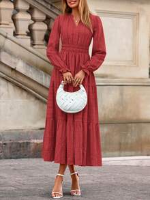 Women's  Fall Wedding Guest Dresses Long Sleeve V Neck Flowy Elegant Holiday Party Maxi Dress With Pockets - Đỏ gạch - Xem 6