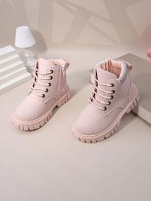 1 双粉色幼儿/儿童哑光柔软军靴，圆头，保暖厚底，前部系带，侧面拉链，经典短靴，适合男孩/女孩，休闲，学校，度假，派对，秋冬 - 粉色 - 查看 5