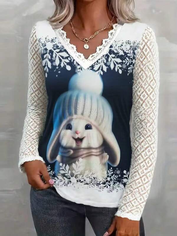 Damska koszulka świąteczna w dużym rozmiarze, z nadrukiem 3D i koronkowym dekoltem w gorącym stylu, z długim rękawem