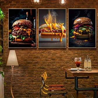 3 piezas Opcional Marco de madera Pintura de lienzo de comida Perro caliente Hamburguesa Cartel creativo Pintura de lienzo Pintura de pared Arte Puede usarse como decoración de pared Sala de estar Cafetería Bar Decoración de pared Carteles para el hogar
