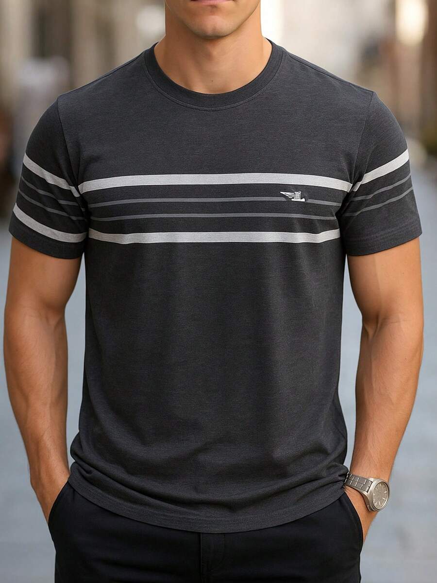 DAMAI MEN'S FASHION Short Sleeve Men's T-Shirt With Round Neck, Ideal For Everyday Use - 深灰色 - 查看 1