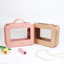 Customized Letters 1pc Colorful Portable PU Leather Cosmetic Case Graceful Life Travel Transparent Ladies Makeup Bag Clear TPU Water- Resistant Monogrammed Initial Letters Cosmetic Bag Women Toiletries Accessories Wash Bag Letter Multifunction, Versatile, Large Capacity, Lightweight, Functional, Foldable, Practical, All-Purpose Fashionable, Contracted, Minimalist, Preppy, Basics,Bags & Luggage,2025 Halloween Accessories,Essential For Daily Travel - Black - View 7