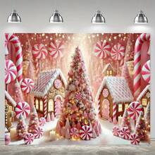 1 pièce Bannière de fond de conte de fées de Noël rose, sans alimentation électrique nécessaire, parfait pour le salon, la chambre à coucher, le bureau et la décoration extérieure, convient pour les fêtes et les cadeaux de vacances, les décorations de Noël, le village enneigé et les arbres en forme de cannes en bonbon, les ornements de Noël