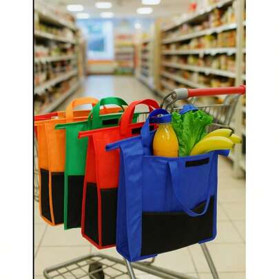 4pcs Grocery Shopping Cart Bags With Handles, Foldable Portable Shopping Bag Trolley Bags Reusable Shopping Bags Folding Supermarket Trolleys Packet Supermarket Shopping Cart Organizer Set Reusable Integrated Multipurpose Textile