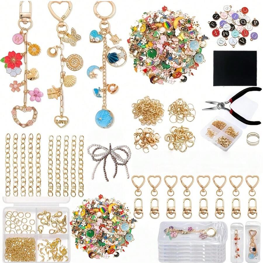 300pcs Complete Keychain Making Kit - Includes Key Rings, Extender Chains, Charms, Jewelry Pliers, Bag Charm Accessories, Full Supplies For DIY Keychain Crafting - Mixed Colors - View 1