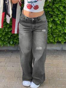 Women Casual Washed Straight Leg Low Rise Baggy Ripped Jeans - Grey - View 1