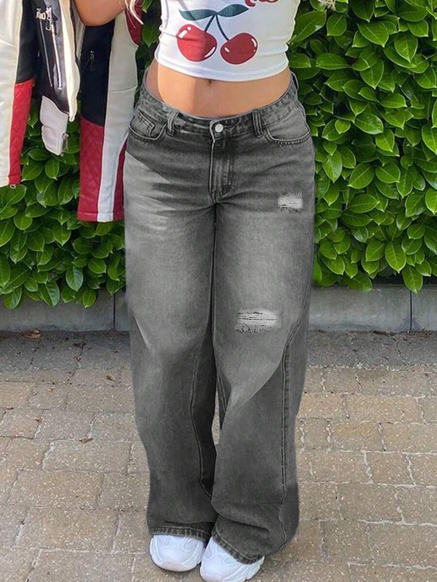 Women Casual Washed Straight Leg Low Rise Baggy Ripped Jeans - Grey - View 1