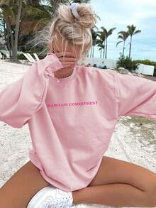 女士秋冬季“坚持承诺”标语印花长袖圆领卫衣，休闲宽松百搭的假日风上衣，时尚秋季女装，适合日常穿着，粉色 - 粉色 - 查看 5