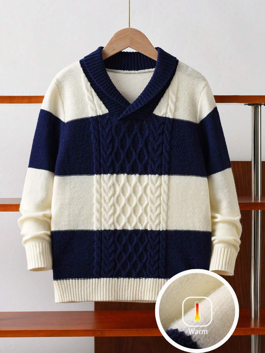 男童学院风条纹交叉领针织套头衫,适合上学、日常穿着、春季、秋季、冬季 - 藏蓝色 - 查看 1