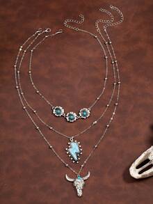 3pcs/Set Vintage Western Style Faux Turquoise Necklace Set - Multicolor 1 - View 4