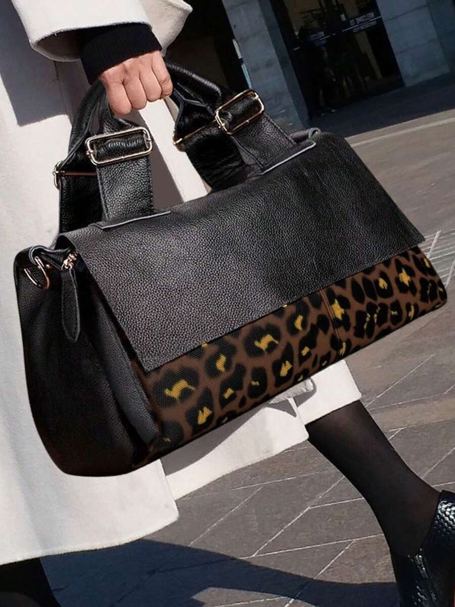 Y2K Fashion Personalized Women's Handbag, Street Punk Leopard Print Shoulder Bag, Multi-Pocket Design, Detachable Strap - Black - View 1