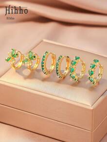 Hihho 6 件/套迷人时尚闪亮绿色锆石镶嵌五瓣花耳环和心形锆石镶嵌经典单排环状耳环，奢华珠宝耳环礼物，优雅魅力金耳环搭配日常服装 - 綠色 - 查看 3