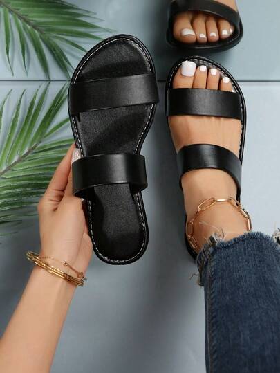 New Plus Size Women Open Toe Flat Slide Sandals, Comfortable Minimalist Design, Casual Slip-On Beach Vacation Style, Summer