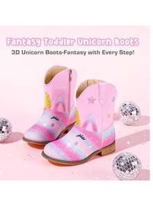 Girls Toddler Animal Print Cowgirl Boots Unicorn Un Pink Cowboy Boots Ankle Western Zipper Boots For Little Kids School Party Casual - 獨角獸彩虹粉色 - 查看 5